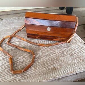 Vintage 70s Wooden Slat Shoulder Bag Small Size Two Tone Lined Snap Button Boho